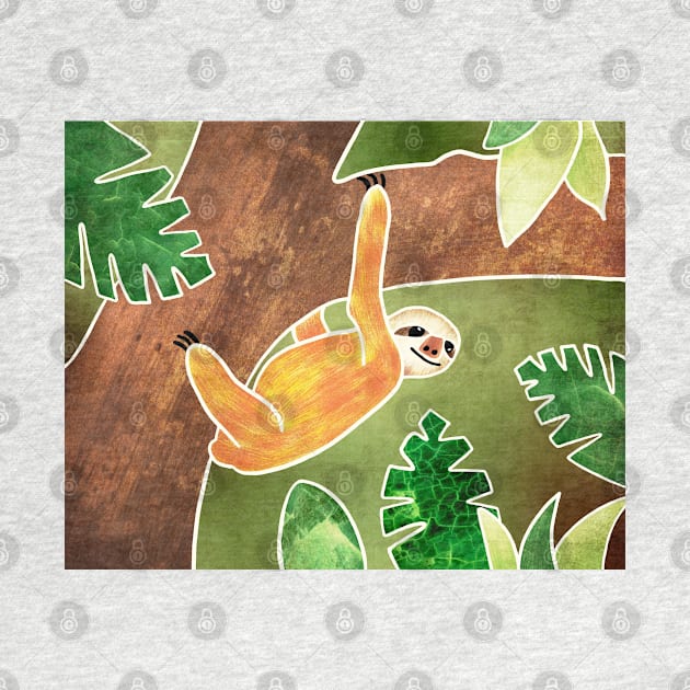 Three-toed Sloth Hanging around in the Jungle. Batik silk painting style. by DragonpupLees